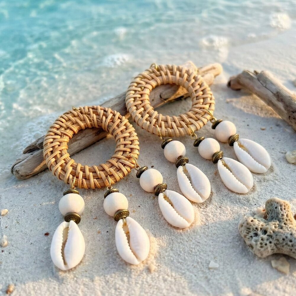 Rattan Woven Hoop Earrings Cowrie Shell Dangle Boho Coastal Mermaidcore Beach - Picture 5 of 16